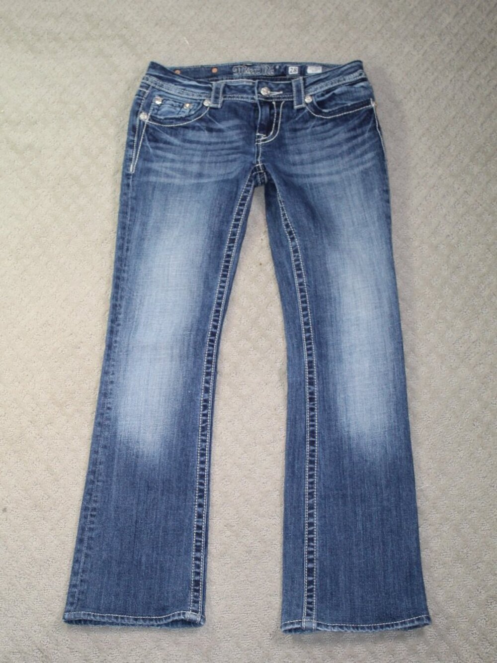 Vintage Miss Me Jeans 28 Blue Bootcut Y2K Rhinestones Fleur De Lis Bling EUC